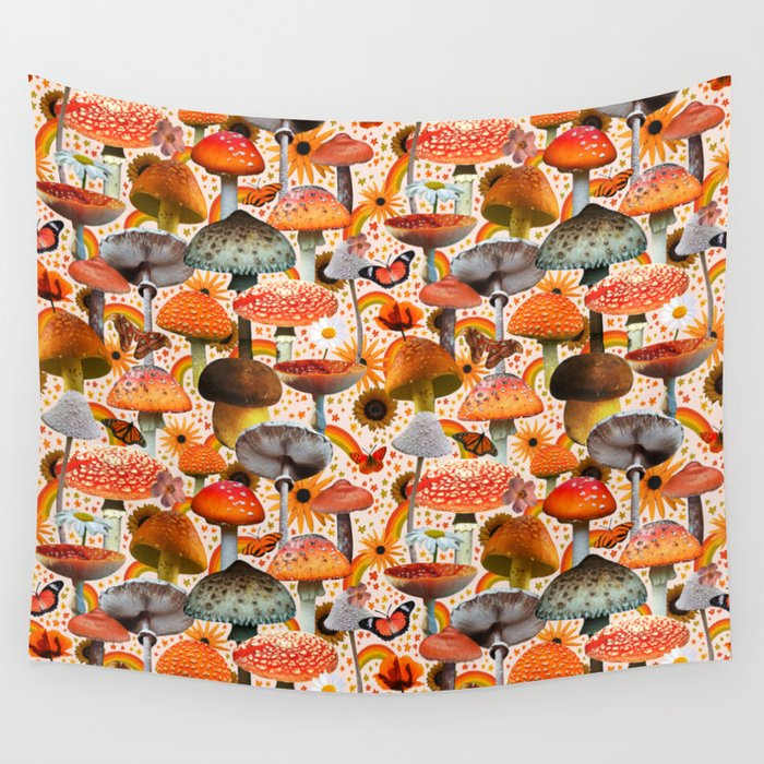 Mushroom Collage Print in Cream Wall Tapestry Gallery Image 4