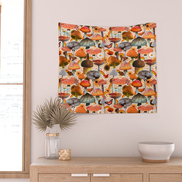 Mushroom Collage Print in Cream Wall Tapestry Gallery Image 2