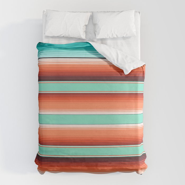 Teal Turquoise and Burnt Orange Southwest Serape Blanket Stripes Duvet Cover Gallery Image 1