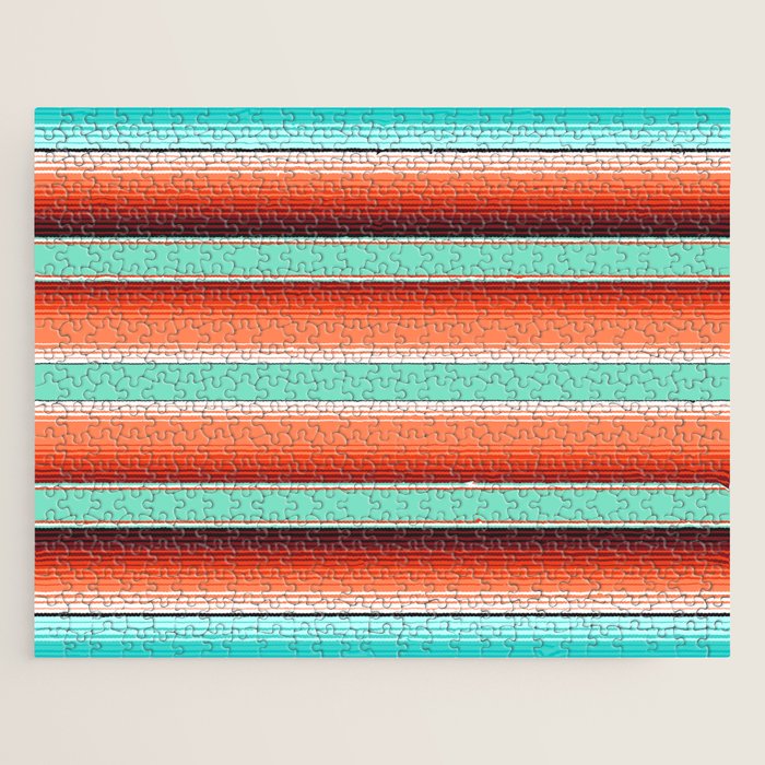 Teal Turquoise and Burnt Orange Southwest Serape Blanket Stripes Jigsaw Puzzle Gallery Image 1