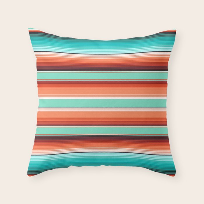 Teal Turquoise and Burnt Orange Southwest Serape Blanket Stripes Throw Pillow Gallery Image 6