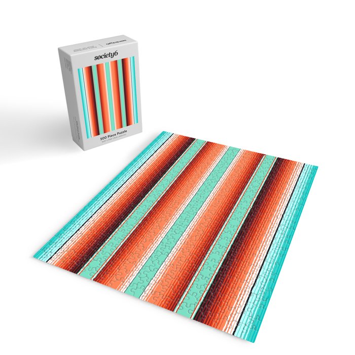 Teal Turquoise and Burnt Orange Southwest Serape Blanket Stripes Jigsaw Puzzle Gallery Image 2