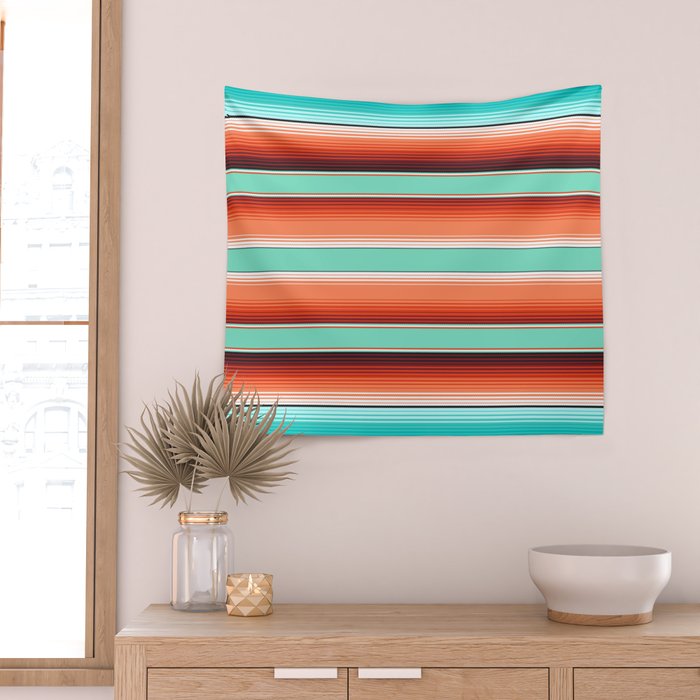 Teal Turquoise and Burnt Orange Southwest Serape Blanket Stripes Wall Tapestry Gallery Image 2
