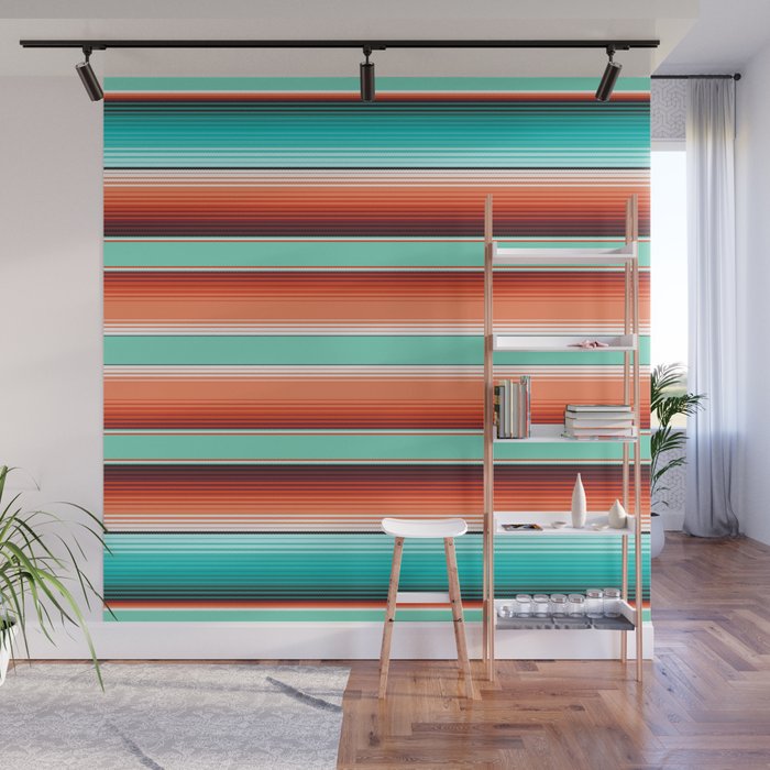 Teal Turquoise and Burnt Orange Southwest Serape Blanket Stripes Wall Mural Gallery Image 1