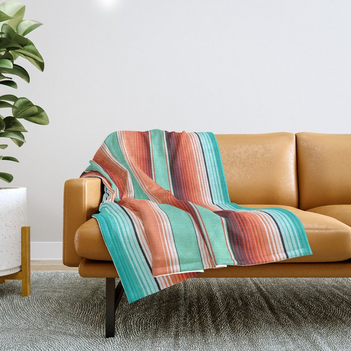 Teal Turquoise and Burnt Orange Southwest Serape Blanket Stripes Throw Blanket Gallery Image 1