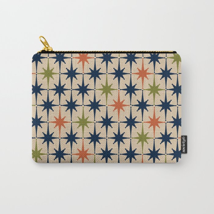 Atomic Age 1950s Starburst Pattern in Mid Mod Orange, Olive Green, Navy Blue, and Beige Carry All Pouch Gallery Image 1