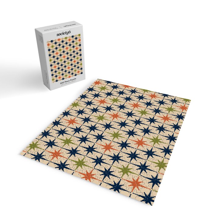 Atomic Age 1950s Starburst Pattern in Mid Mod Orange, Olive Green, Navy Blue, and Beige Jigsaw Puzzle Gallery Image 2