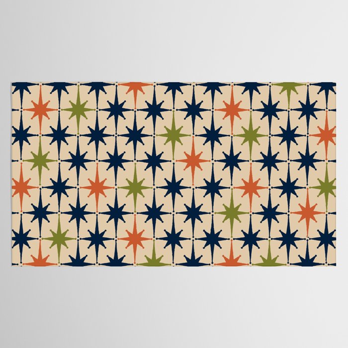 Atomic Age 1950s Starburst Pattern in Mid Mod Orange, Olive Green, Navy Blue, and Beige Tablecloth Gallery Image 2