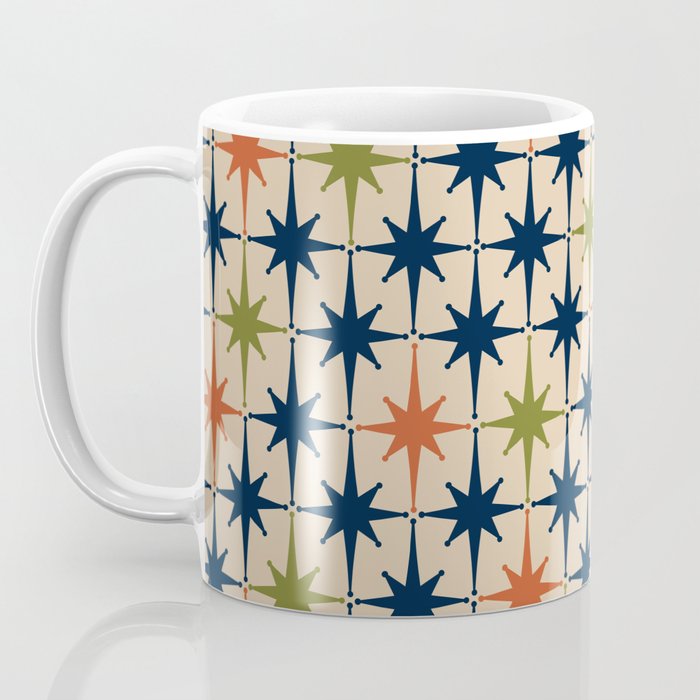 Atomic Age 1950s Starburst Pattern in Mid Mod Orange, Olive Green, Navy Blue, and Beige Coffee Mug Gallery Image 3