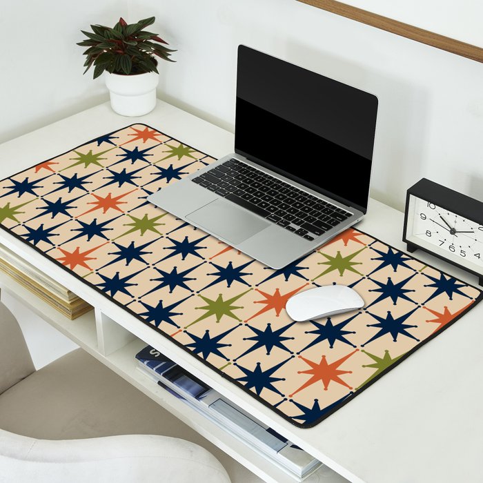 Atomic Age 1950s Starburst Pattern in Mid Mod Orange, Olive Green, Navy Blue, and Beige Desk Mat Gallery Image 2