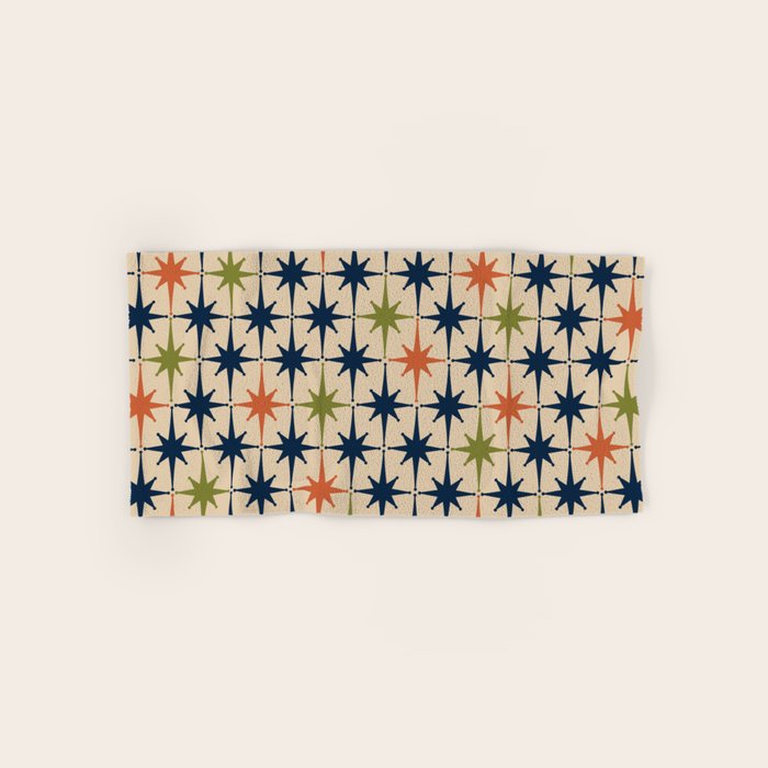Atomic Age 1950s Starburst Pattern in Mid Mod Orange, Olive Green, Navy Blue, and Beige Bath Towel Gallery Image 1