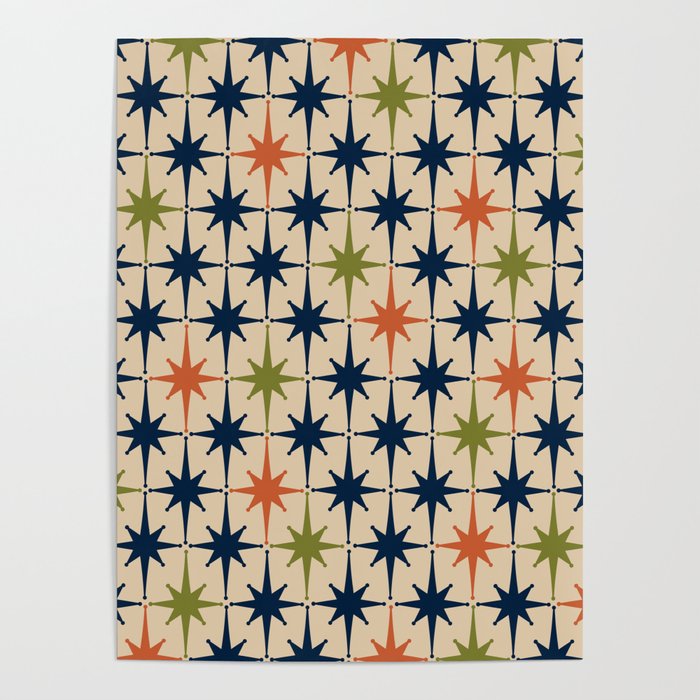 Atomic Age 1950s Starburst Pattern in Mid Mod Orange, Olive Green, Navy Blue, and Beige Poster Gallery Image 4