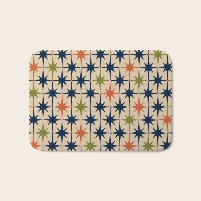 Atomic Age 1950s Starburst Pattern in Mid Mod Orange, Olive Green, Navy Blue, and Beige Bath Mat Gallery Image 1