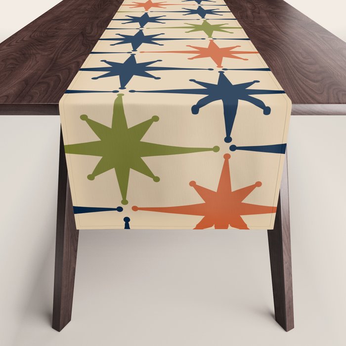 Atomic Age 1950s Starburst Pattern in Mid Mod Orange, Olive Green, Navy Blue, and Beige Table Runner Gallery Image 1