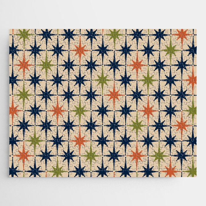 Atomic Age 1950s Starburst Pattern in Mid Mod Orange, Olive Green, Navy Blue, and Beige Jigsaw Puzzle Gallery Image 1