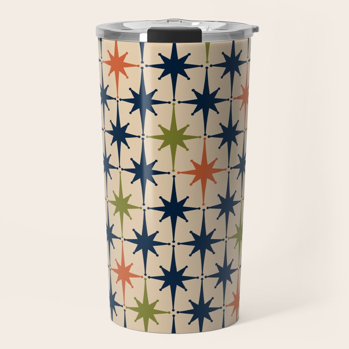 Atomic Age 1950s Starburst Pattern in Mid Mod Orange, Olive Green, Navy Blue, and Beige Travel Mug Gallery Image 1