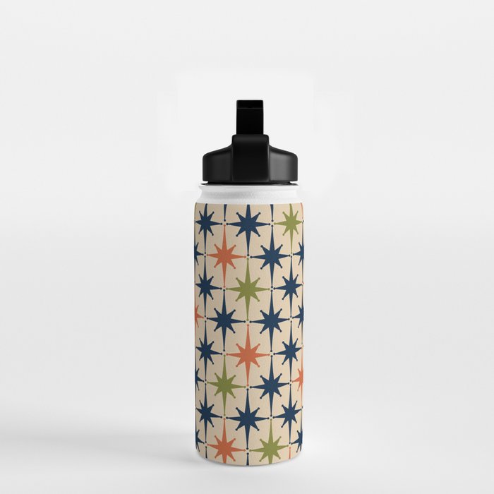 Atomic Age 1950s Starburst Pattern in Mid Mod Orange, Olive Green, Navy Blue, and Beige Water Bottle Gallery Image 2