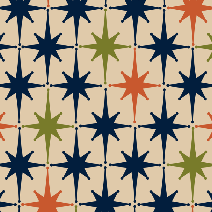 Atomic Age 1950s Starburst Pattern in Mid Mod Orange, Olive Green, Navy Blue, and Beige Coffee Mug Gallery Image 2