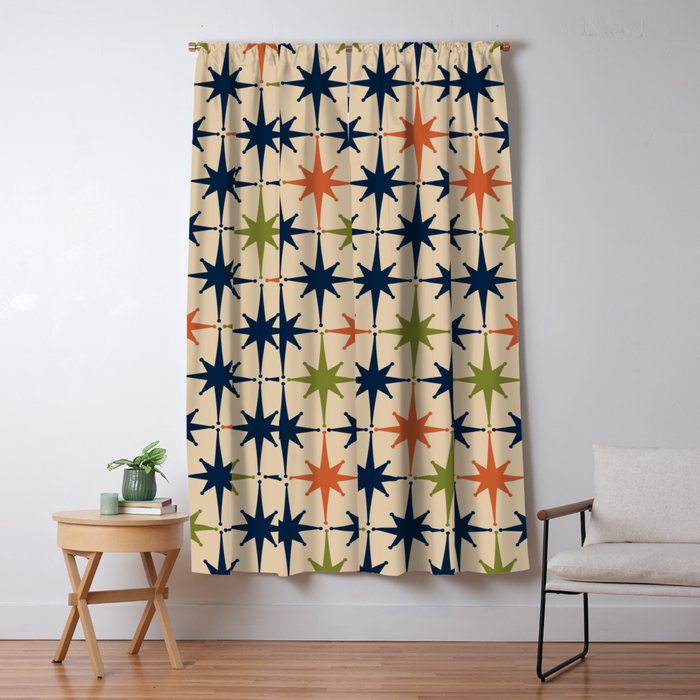 Atomic Age 1950s Starburst Pattern in Mid Mod Orange, Olive Green, Navy Blue, and Beige Window Curtain Gallery Image 5