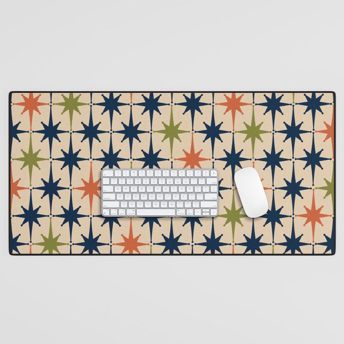 Atomic Age 1950s Starburst Pattern in Mid Mod Orange, Olive Green, Navy Blue, and Beige Desk Mat Gallery Image 1