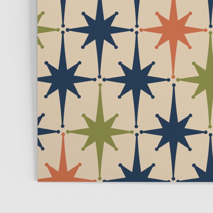 Atomic Age 1950s Starburst Pattern in Mid Mod Orange, Olive Green, Navy Blue, and Beige Poster Gallery Image 3