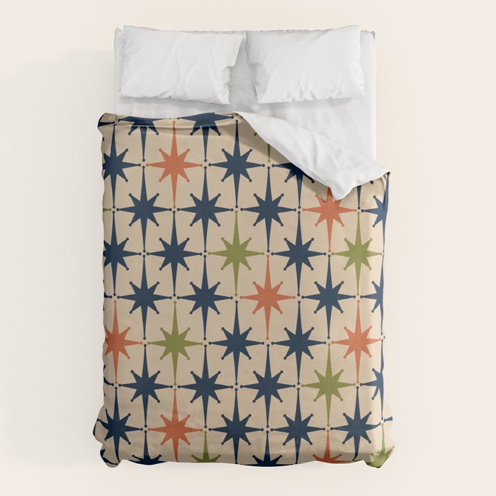 Atomic Age 1950s Starburst Pattern in Mid Mod Orange, Olive Green, Navy Blue, and Beige Duvet Cover Gallery Image 1