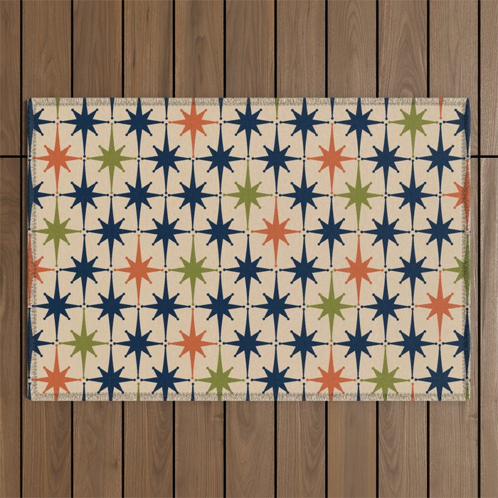 Atomic Age 1950s Starburst Pattern in Mid Mod Orange, Olive Green, Navy Blue, and Beige Outdoor Rug Gallery Image 1