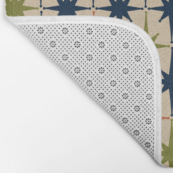 Atomic Age 1950s Starburst Pattern in Mid Mod Orange, Olive Green, Navy Blue, and Beige Bath Mat Gallery Image 2