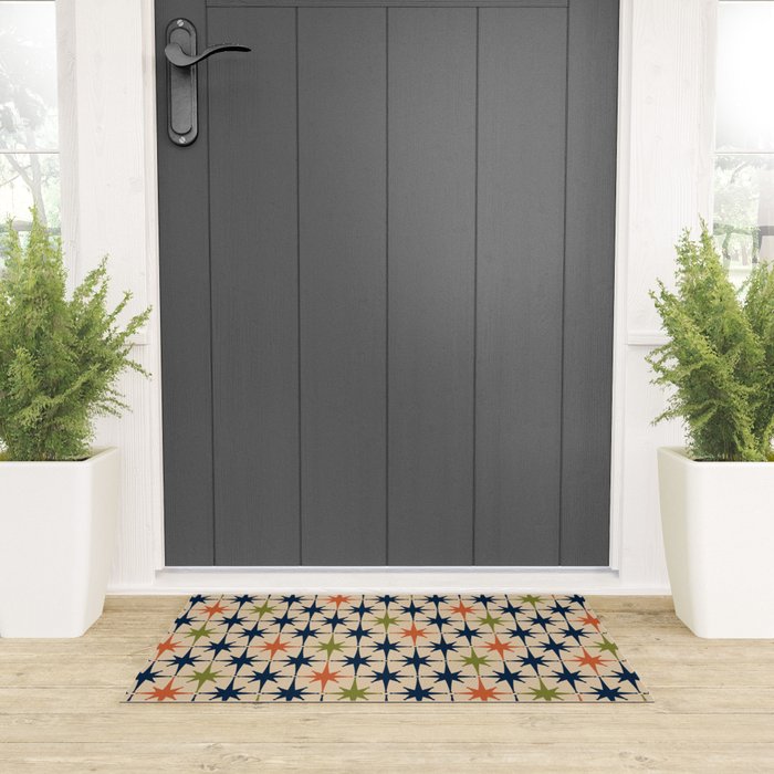 Atomic Age 1950s Starburst Pattern in Mid Mod Orange, Olive Green, Navy Blue, and Beige Welcome Mat Gallery Image 3