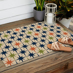 Atomic Age 1950s Starburst Pattern in Mid Mod Orange, Olive Green, Navy Blue, and Beige Outdoor Rug Gallery Image 2