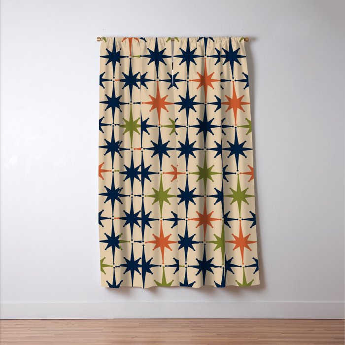 Atomic Age 1950s Starburst Pattern in Mid Mod Orange, Olive Green, Navy Blue, and Beige Window Curtain Gallery Image 3