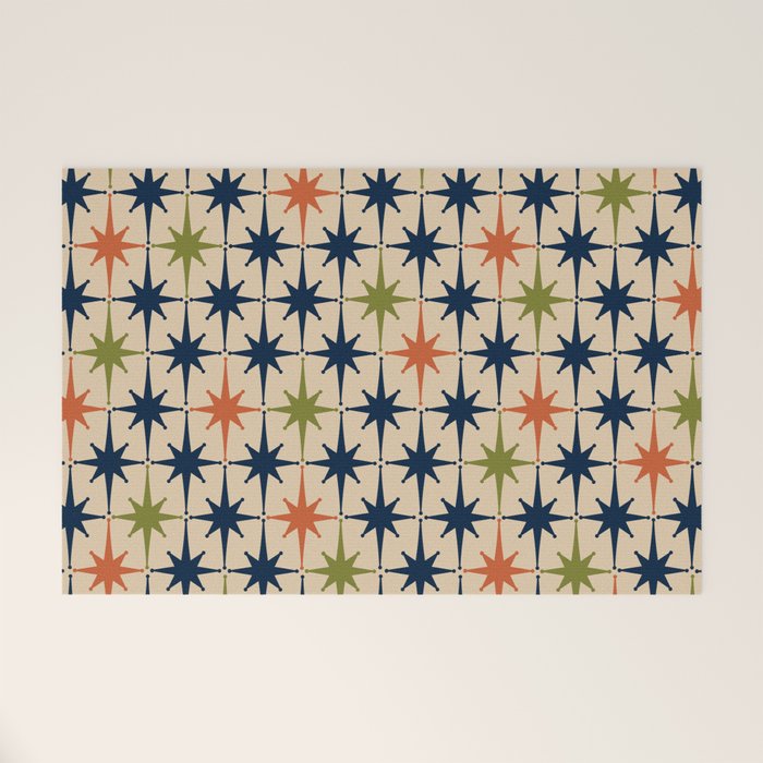 Atomic Age 1950s Starburst Pattern in Mid Mod Orange, Olive Green, Navy Blue, and Beige Welcome Mat Gallery Image 1