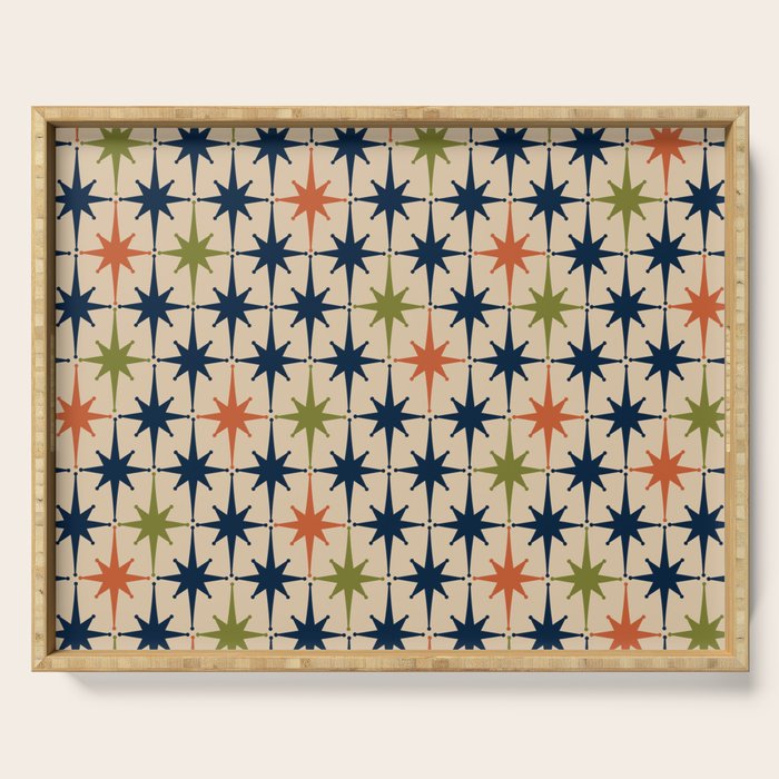 Atomic Age 1950s Starburst Pattern in Mid Mod Orange, Olive Green, Navy Blue, and Beige Serving Tray Gallery Image 1