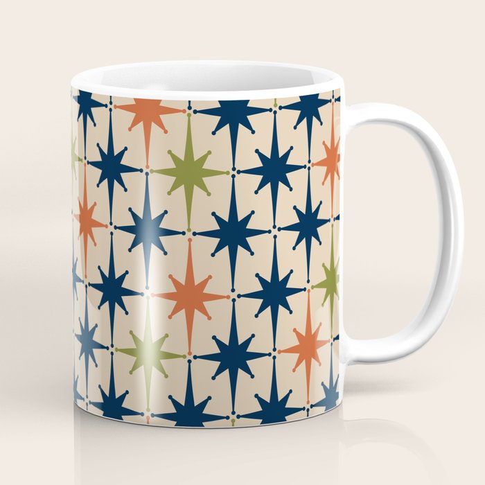 Atomic Age 1950s Starburst Pattern in Mid Mod Orange, Olive Green, Navy Blue, and Beige Coffee Mug Gallery Image 1