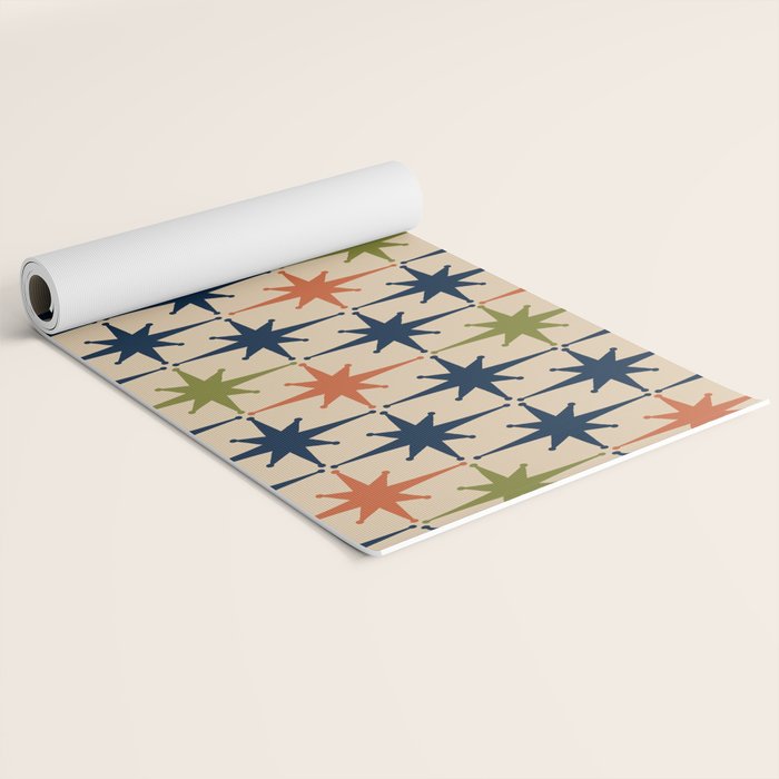 Atomic Age 1950s Starburst Pattern in Mid Mod Orange, Olive Green, Navy Blue, and Beige Yoga Mat Gallery Image 2