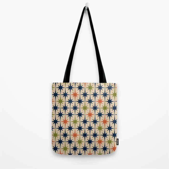 Atomic Age 1950s Starburst Pattern in Mid Mod Orange, Olive Green, Navy Blue, and Beige Tote Bag Gallery Image 2