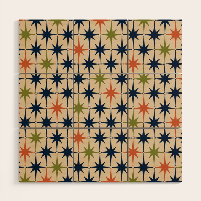 Atomic Age 1950s Starburst Pattern in Mid Mod Orange, Olive Green, Navy Blue, and Beige Wood Wall Art Gallery Image 1