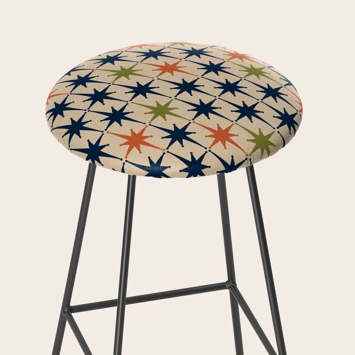 Atomic Age 1950s Starburst Pattern in Mid Mod Orange, Olive Green, Navy Blue, and Beige Stool Gallery Image 2