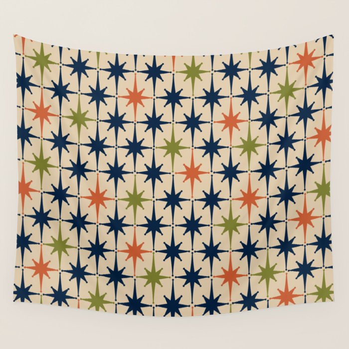 Atomic Age 1950s Starburst Pattern in Mid Mod Orange, Olive Green, Navy Blue, and Beige Wall Tapestry Gallery Image 4