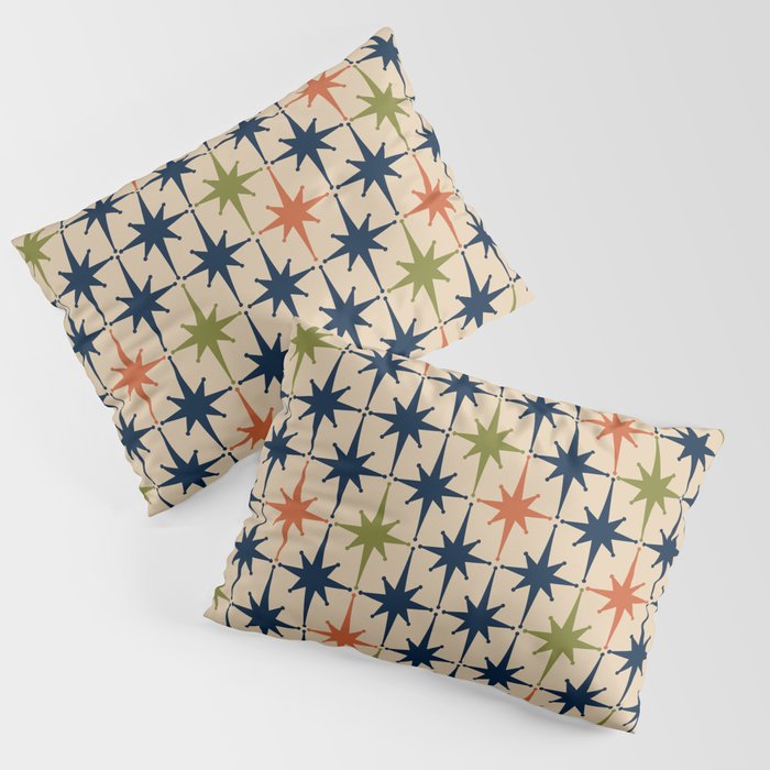 Atomic Age 1950s Starburst Pattern in Mid Mod Orange, Olive Green, Navy Blue, and Beige Pillow Sham Gallery Image 3