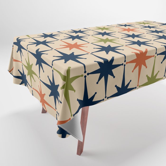 Atomic Age 1950s Starburst Pattern in Mid Mod Orange, Olive Green, Navy Blue, and Beige Tablecloth Gallery Image 1