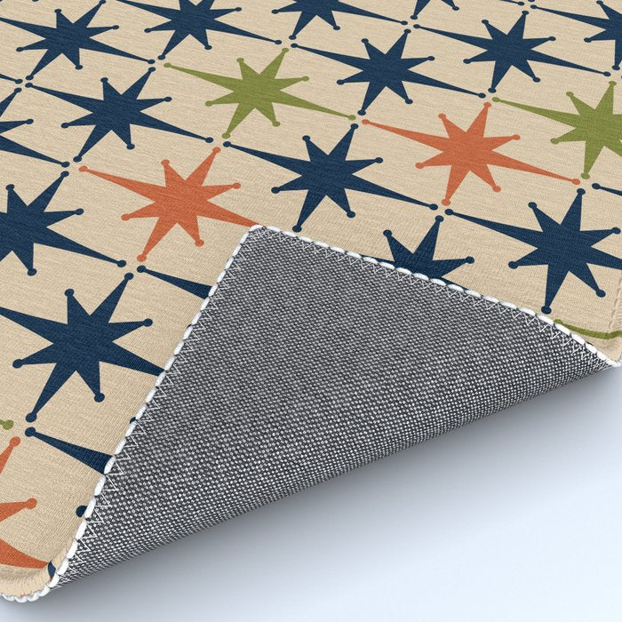 Atomic Age 1950s Starburst Pattern in Mid Mod Orange, Olive Green, Navy Blue, and Beige Rug Gallery Image 4