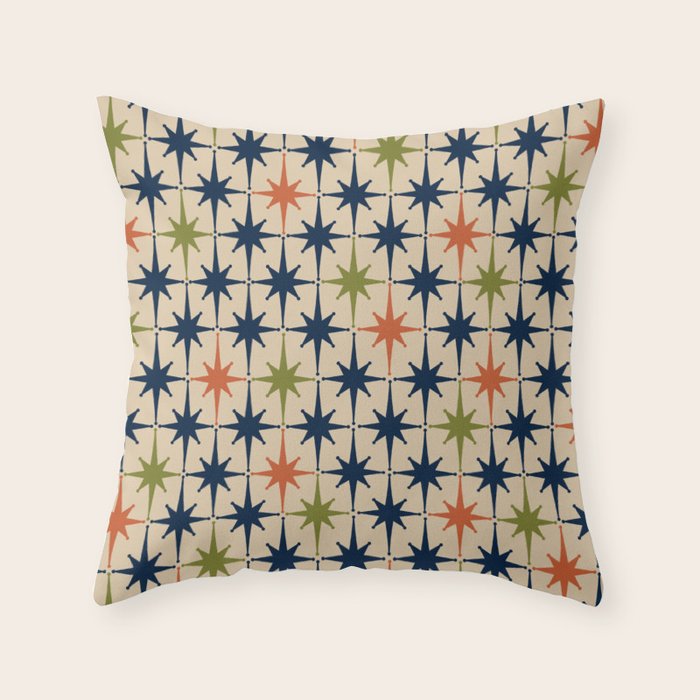 Atomic Age 1950s Starburst Pattern in Mid Mod Orange, Olive Green, Navy Blue, and Beige Throw Pillow Gallery Image 1