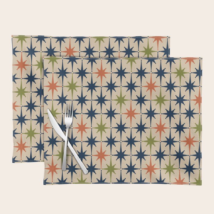 Atomic Age 1950s Starburst Pattern in Mid Mod Orange, Olive Green, Navy Blue, and Beige Placemat Gallery Image 1
