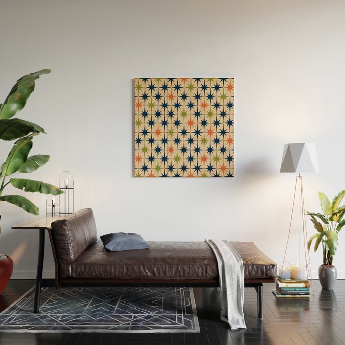 Atomic Age 1950s Starburst Pattern in Mid Mod Orange, Olive Green, Navy Blue, and Beige Wood Wall Art Gallery Image 2