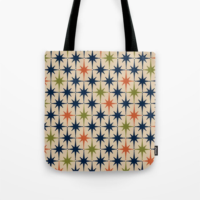 Atomic Age 1950s Starburst Pattern in Mid Mod Orange, Olive Green, Navy Blue, and Beige Tote Bag Gallery Image 1