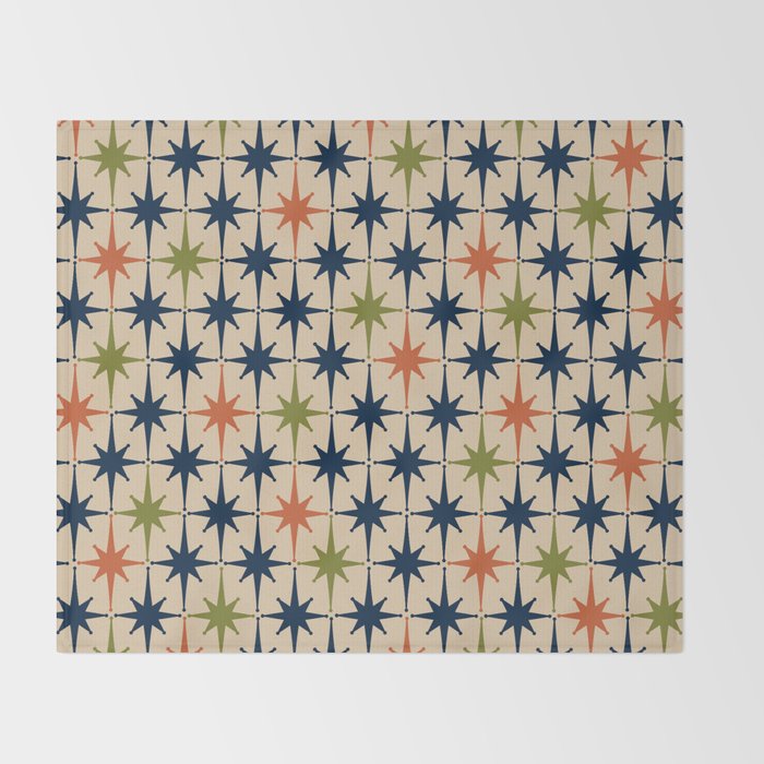 Atomic Age 1950s Starburst Pattern in Mid Mod Orange, Olive Green, Navy Blue, and Beige Throw Blanket Gallery Image 2