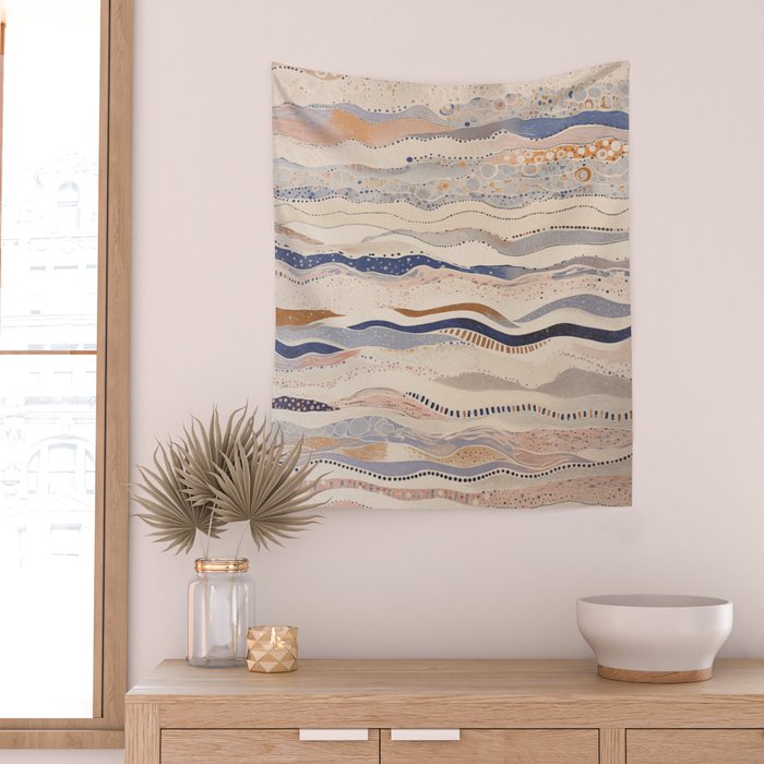 Organic Earth Tones Abstract - Flowing Minimalist Pattern with Waves Dots Wall Tapestry Gallery Image 2