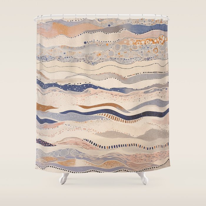 Organic Earth Tones Abstract - Flowing Minimalist Pattern with Waves Dots Shower Curtain Gallery Image 1