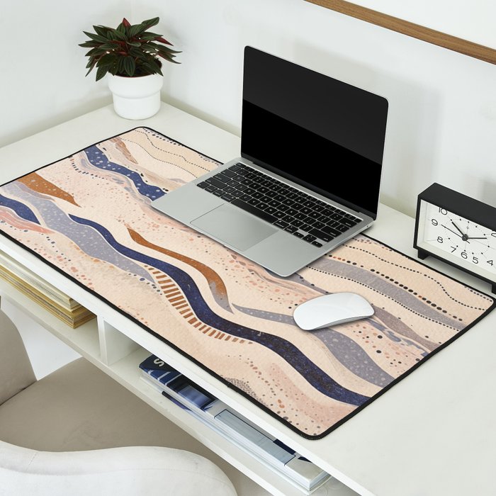 Organic Earth Tones Abstract - Flowing Minimalist Pattern with Waves Dots Desk Mat Gallery Image 2